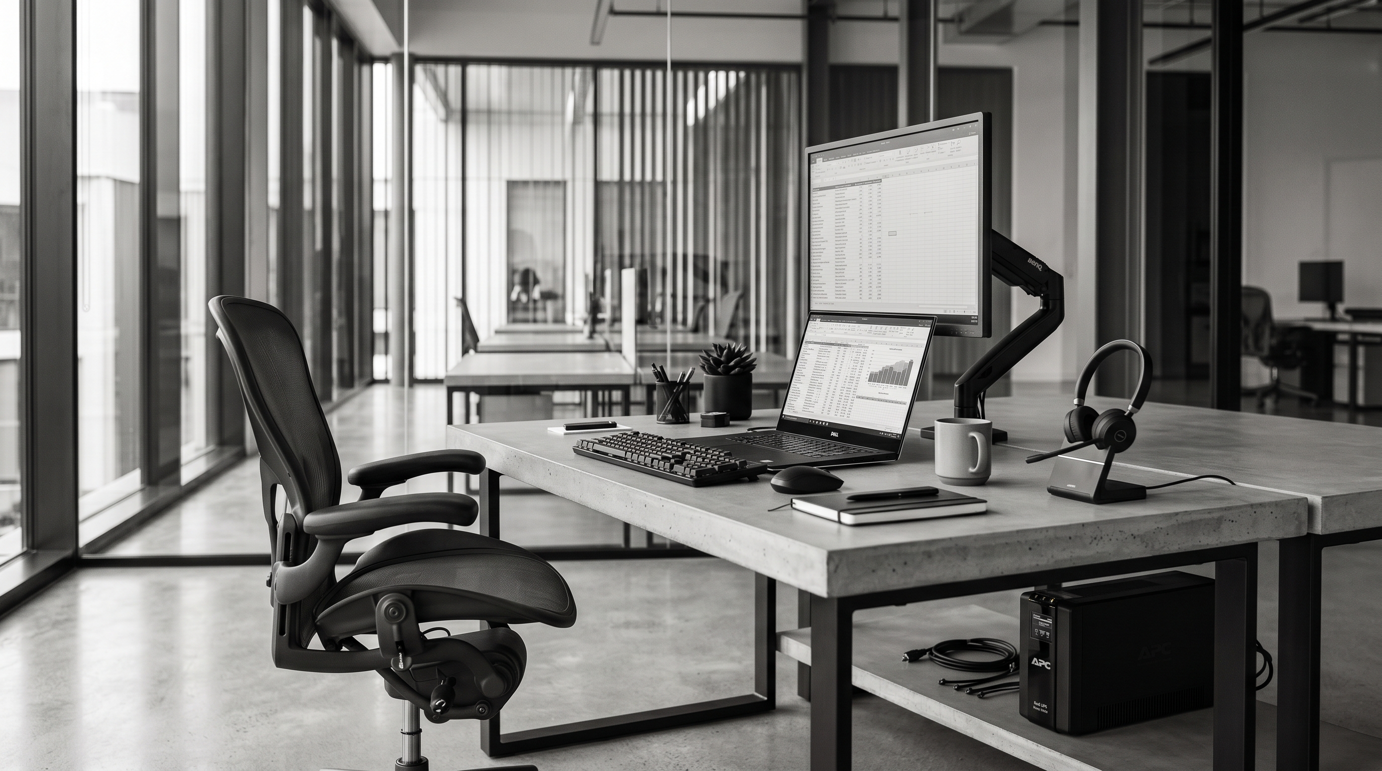 Estação de trabalho corporativa CEHC — Dell notebook, Jabra headset, APC UPS